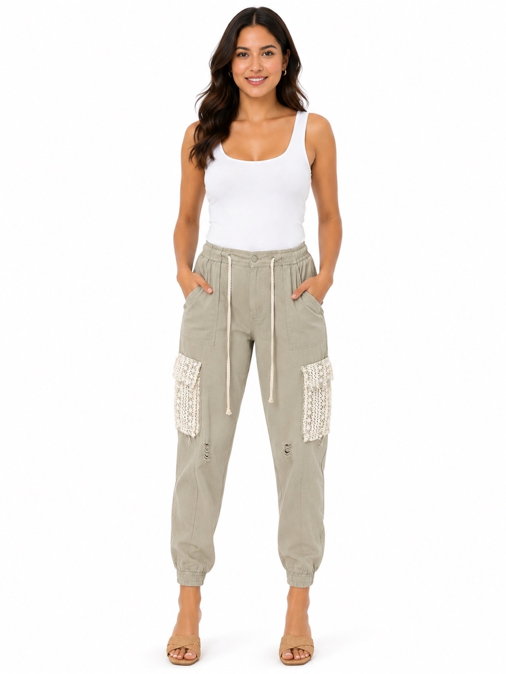 POL Olive Green Cargo Joggers with Crochet Pocket Panels